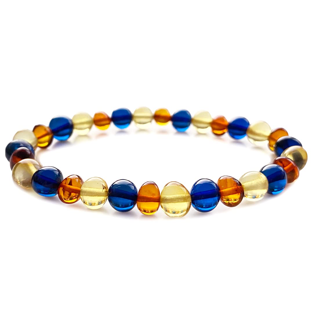 Exceptional Colors of Amber Bracelet for Woman Red, Blue and Green - amber stone jewelry, 100% Genuine, HandMade from Caribbean Baroque Beads - 7" / 18cm (Multi)