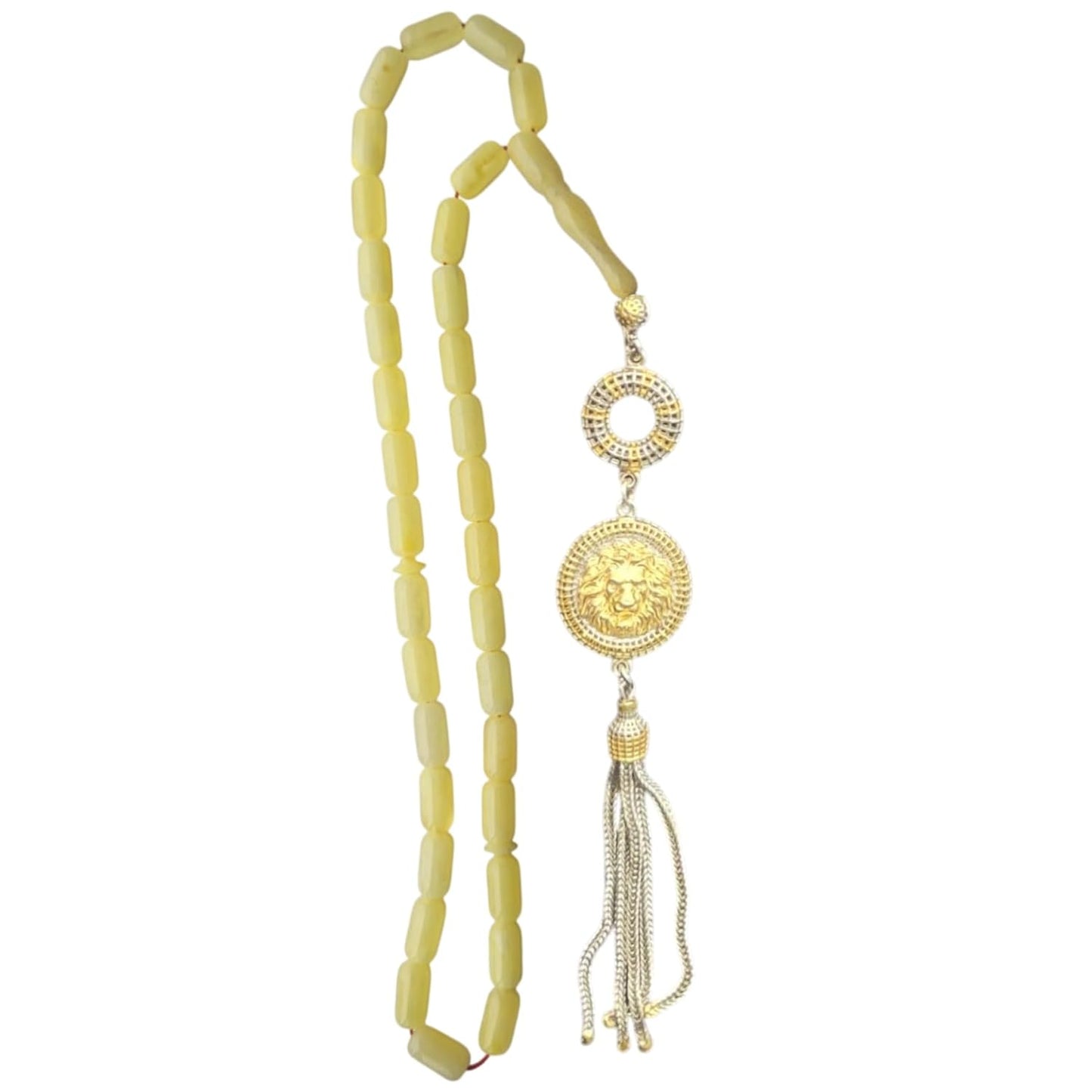 Amber Prayer Beads, Milky White Natural 5x10mm, Sterling Silver Gold-Plated Tassel with Lion Head, Handmade Islamic Misbaha