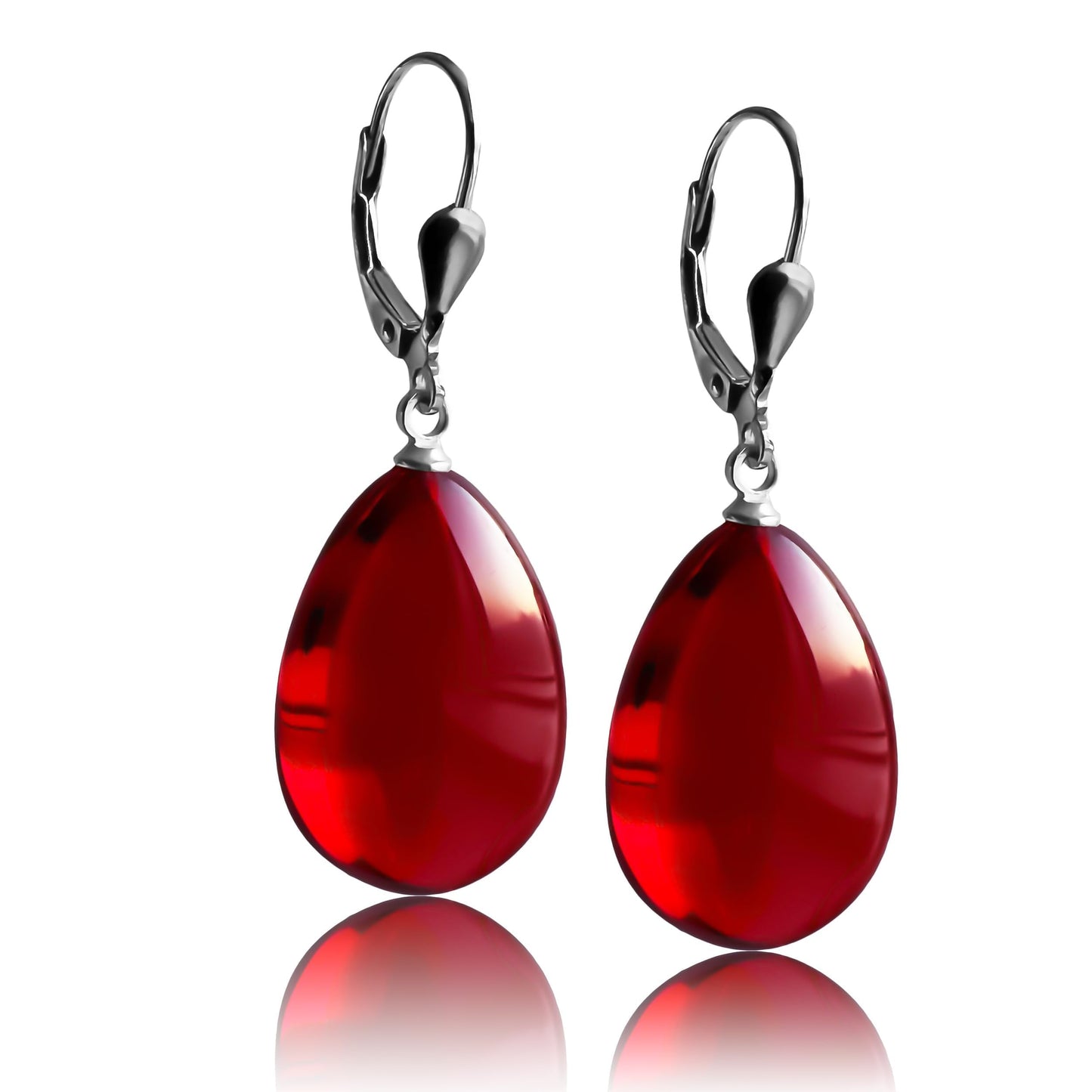 Red Amber Earrings for Women, Handmade 1.5x0.59inch Sterling Silver Drop & Dangle Luxury Earrings, Amber Beads Gift for Women, Unique Jewelry for Mom (Silver Red)