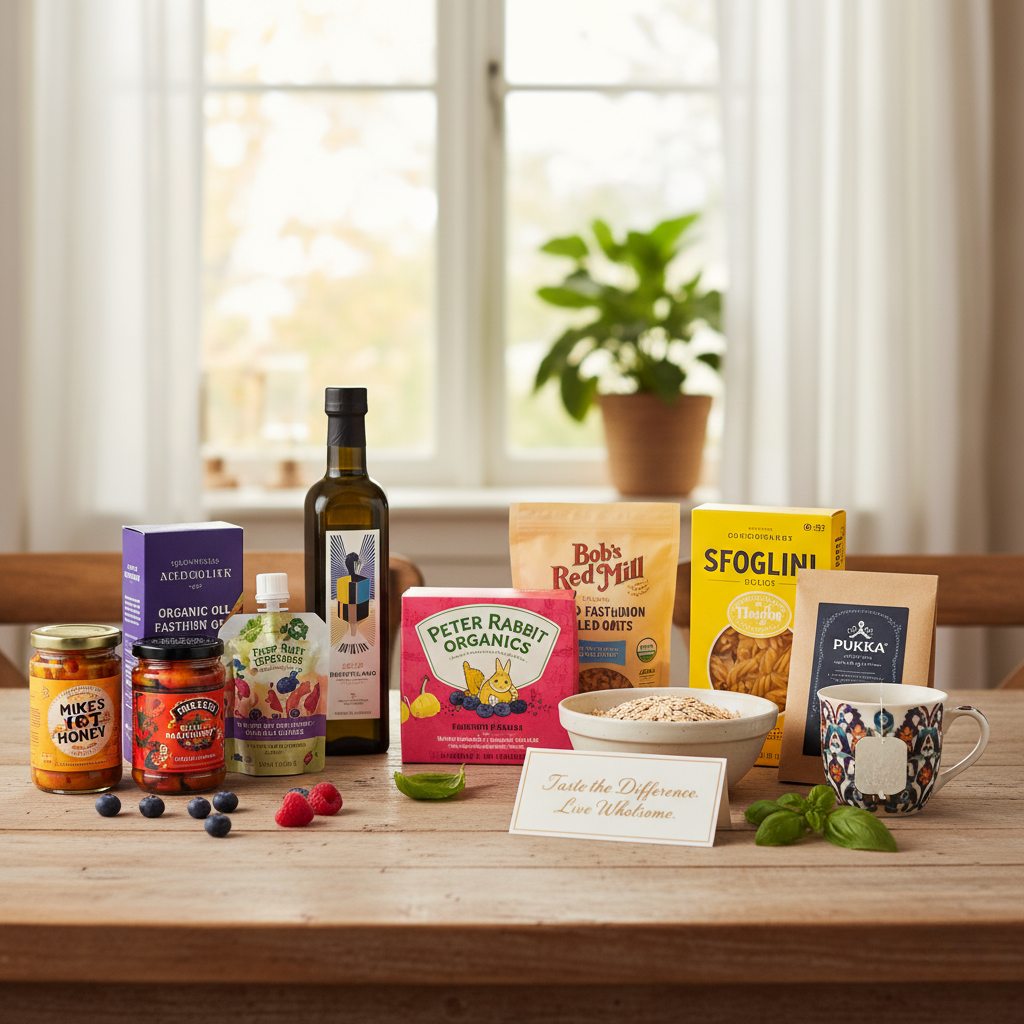 A diverse selection of premium organic and gourmet food products arranged on a rustic wooden table in a sunlit kitchen. Products include Peter Rabbit Organics fruit puree, Bob's Red Mill oats, Sfoglini pasta, Pukka tea, Mike's Hot Honey, Freed 