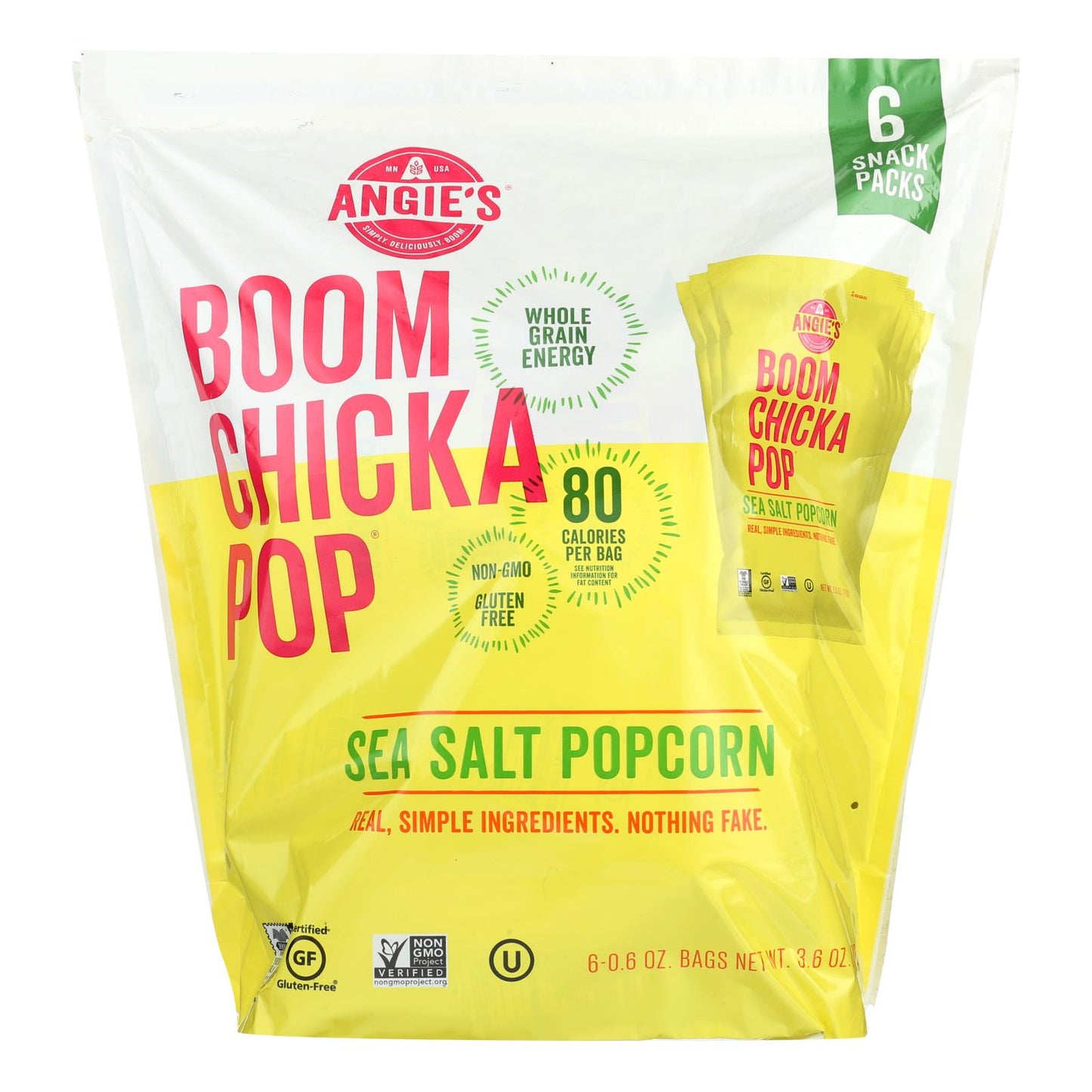 Boomchickapop Sea Salt Popcorn, 4-Pack, 6/.6 oz Bags