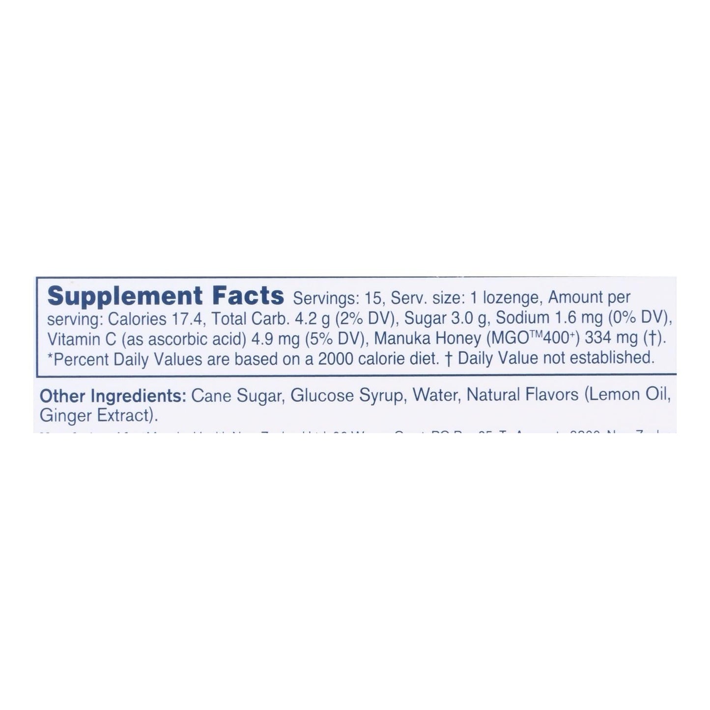 Manuka Health MGO 400+ Honey Lemon Ginger Lozenges 15 Ct