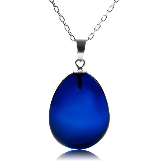 Amber Pendant Necklace for Women - 18 in 925 Sterling Silver Chain, Amber Stone Jewelry, 100% Genuine, HandMade (Blue Puff Silver)