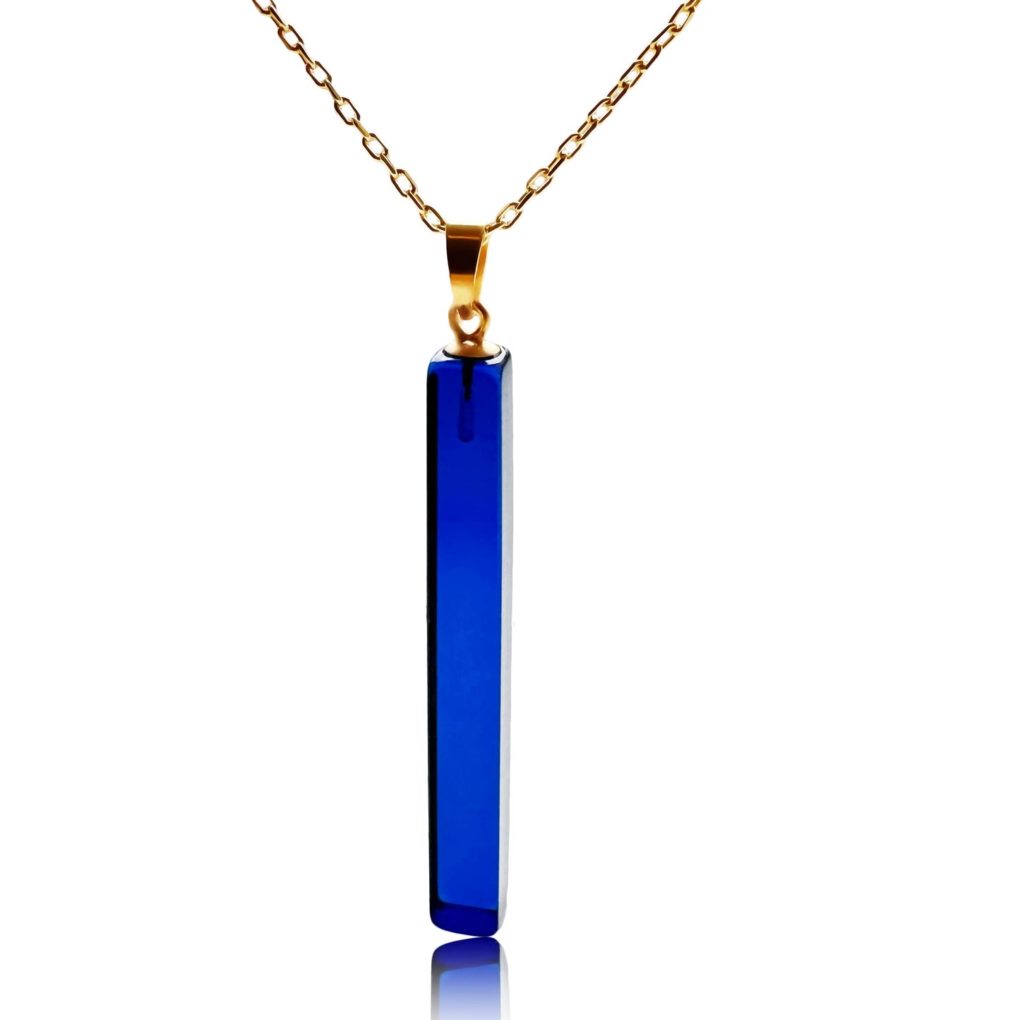 Blue Amber Pendant Necklace with Gold Plated 18 inch 925 Sterling Silver Chain, 1.4x0.16 inch Blue Bar Amber Necklace for Women, Amber Stone Jewelry, 100% Genuine, HandMade (Blue Bar)