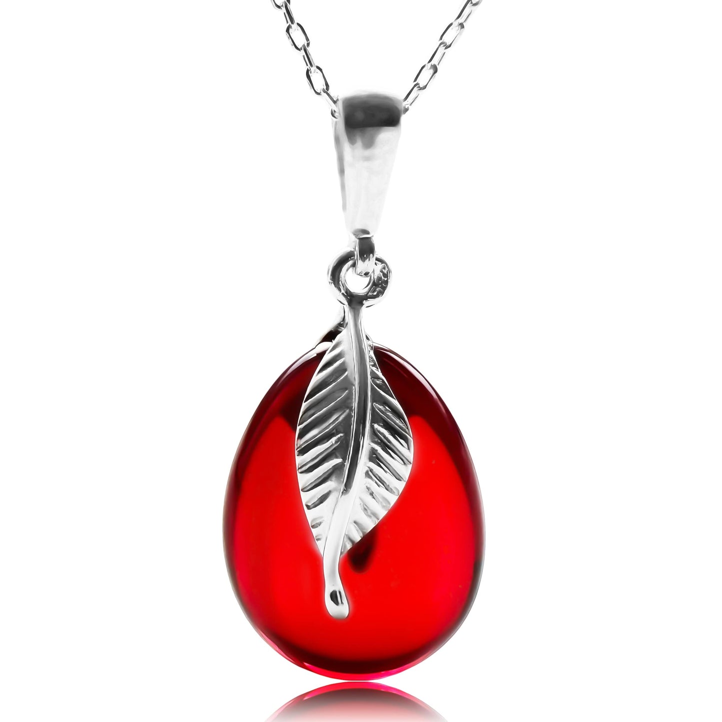 Red Amber Puff Drop Pendant Necklace with 18 inch Silver Chain and Leaf, 0.8x0.6 inch Red Amber Necklace for Women, Amber Stone Jewelry, 100% Genuine, HandMade from Amber (Red Silver Leaf)