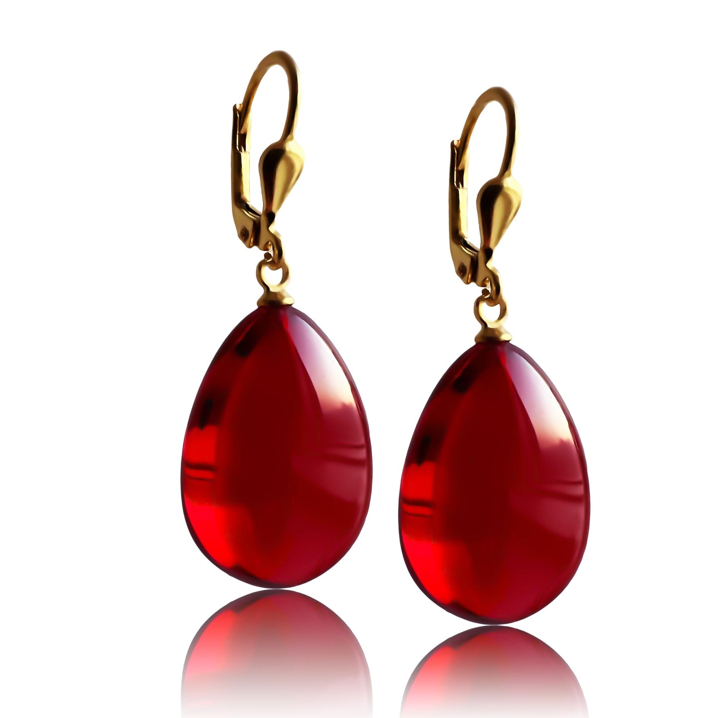 Red Amber Earrings for Women, Handmade 1.5x0.59inch Sterling Silver Drop & Dangle Luxury Earrings, Amber Beads Gift for Women, Unique Jewelry for Mom (Red)
