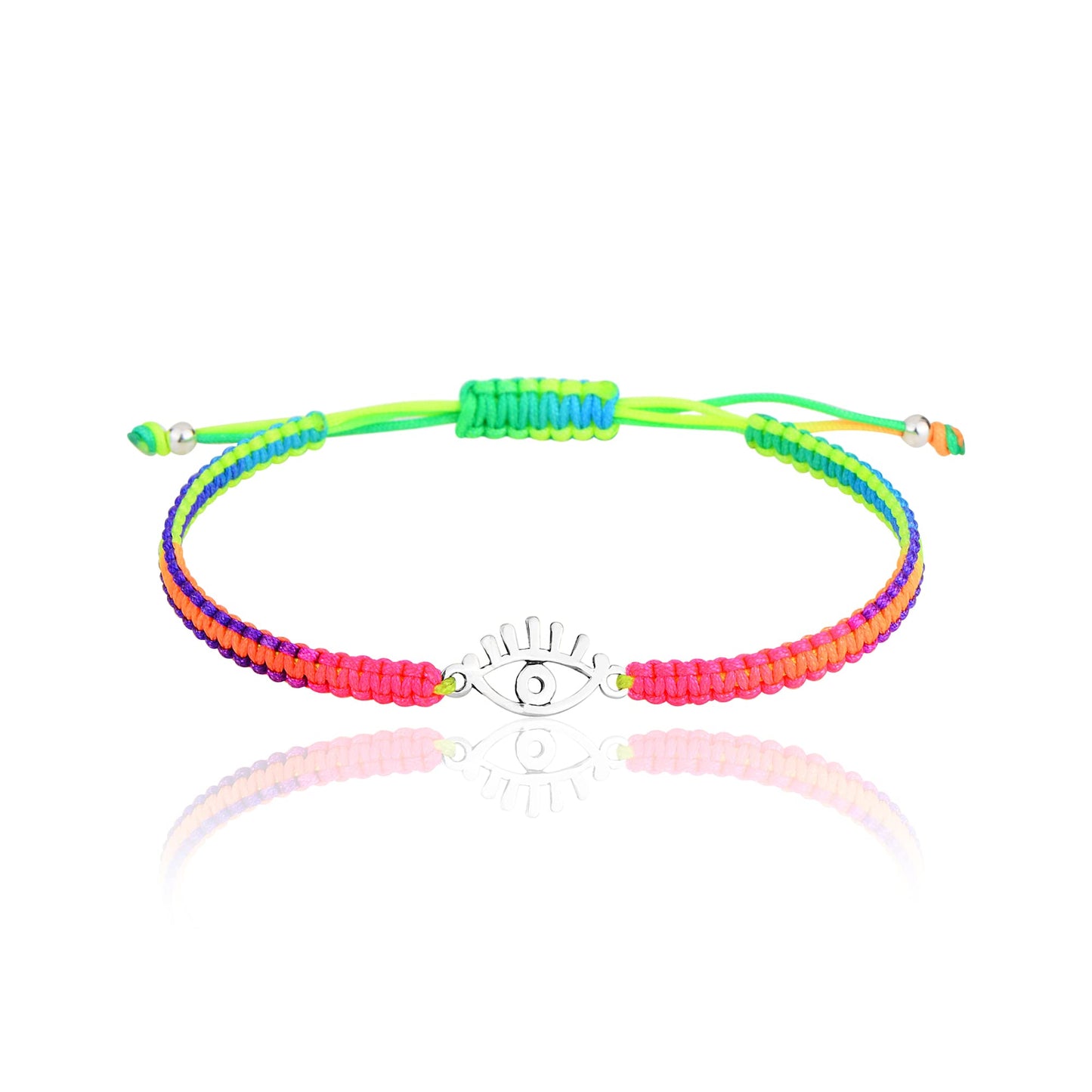 Evil Eye Charm Women's 925 Sterling Silver Colorful String Adjustable Drawstring Closure Bracelet Handmade (Colorful)