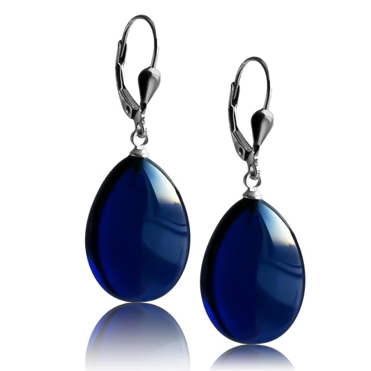 Amber Earrings for Women, Handmade 1.5x0.59inch Sterling Silver Drop & Dangle Luxury Earrings, Amber Beads Gift for Women, Unique Jewelry for Mom (Silver Blue)