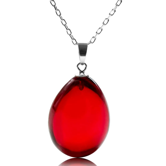 Red Amber Pendant Necklace with 18 inch 925 Sterling Silver Chain, Ruby Puff Amber Necklace for Women, Amber Stone Jewelry, HandMade from Amber (Red Puff Silver)
