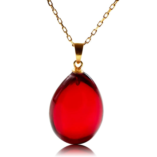 NatuAmber Red Amber Pendant Necklace with 18 inch Gold Plated 925 Sterling Silver Chain, 0.8x0.6 inch Red Puff Drop Amber Necklace for Women, Amber Stone Jewelry, HandMade (Red Puff Gold)