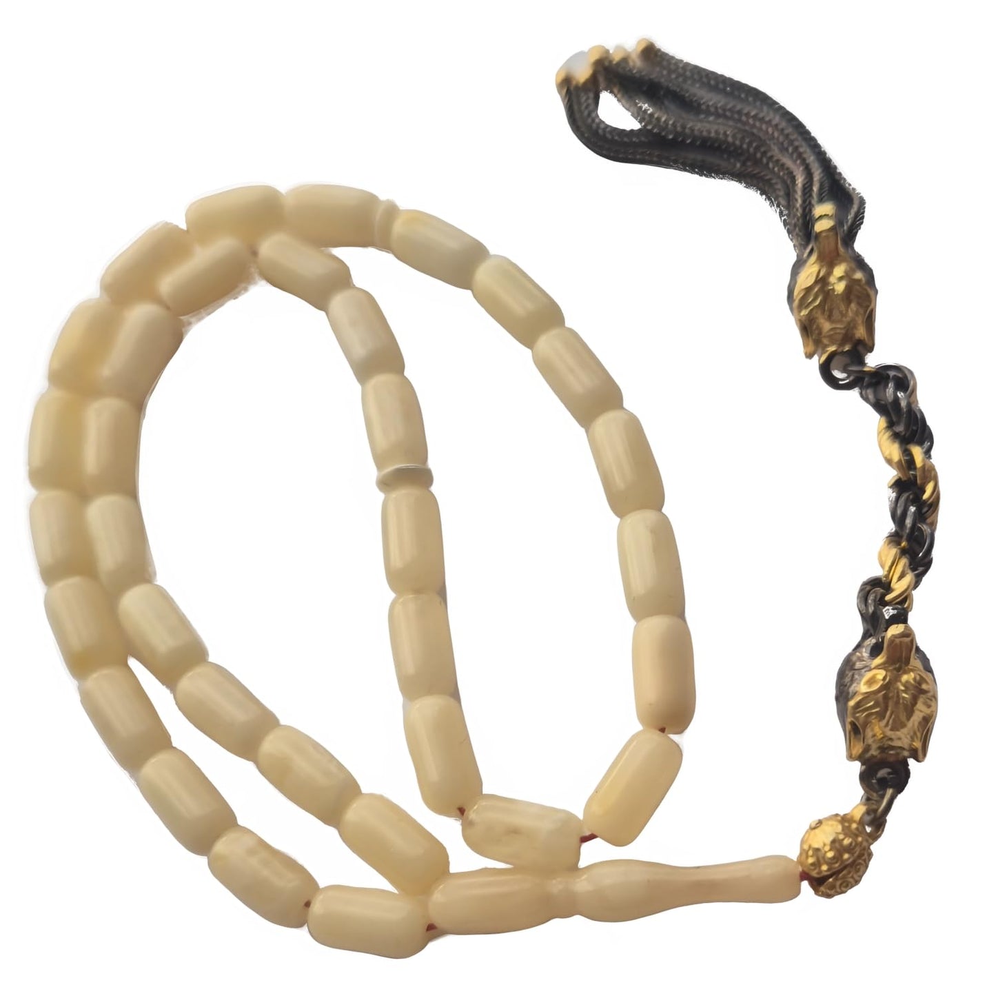 Amber Prayer Beads – Milky White 5x10mm Natural Amber Tasbih – Custom Two Colors 925 Silver Gold-Plated Tassel – Unique Islamic Misbaha