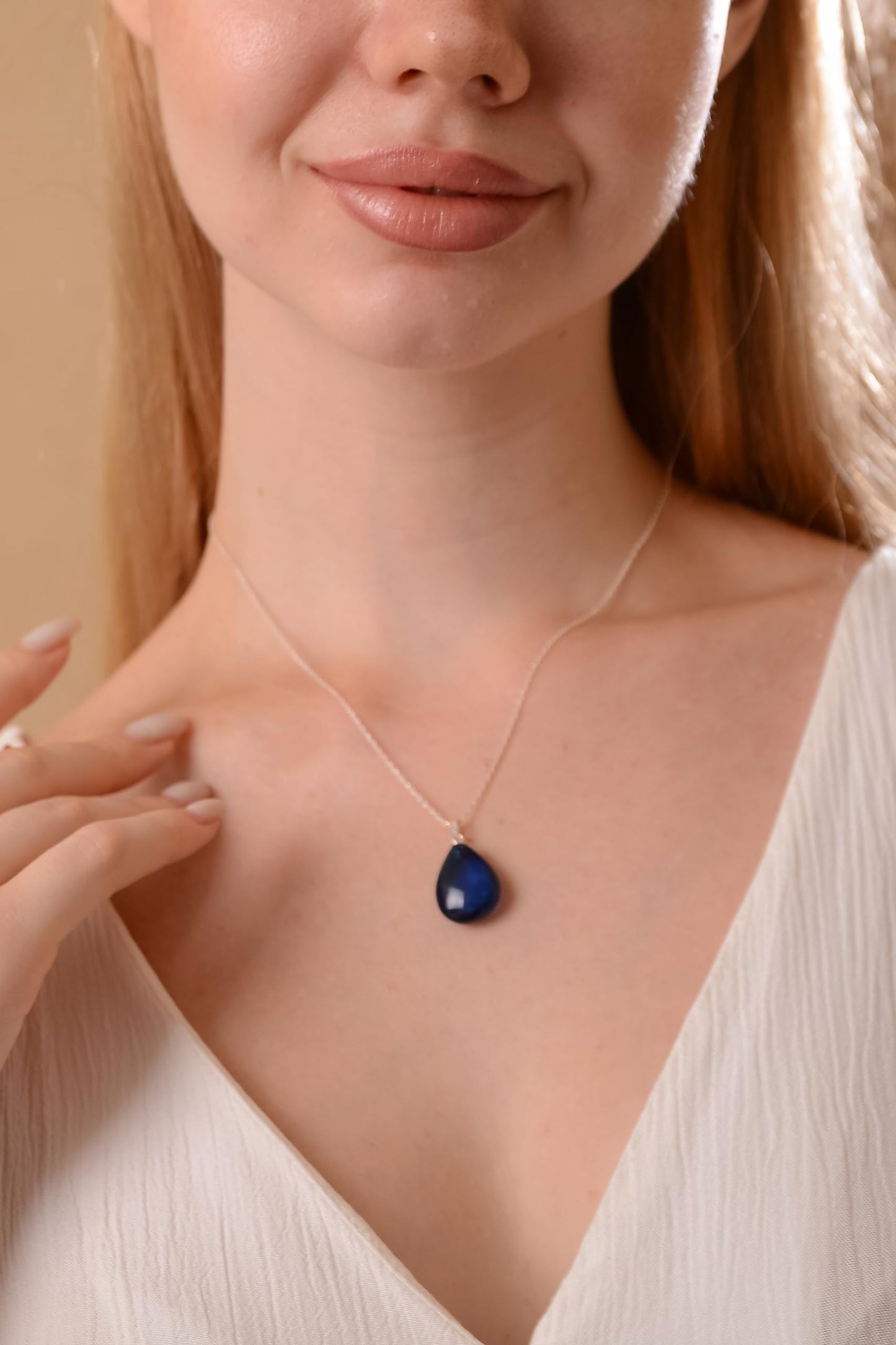 Amber Pendant Necklace for Women - 18 in 925 Sterling Silver Chain, Amber Stone Jewelry, 100% Genuine, HandMade (Blue Puff Silver)