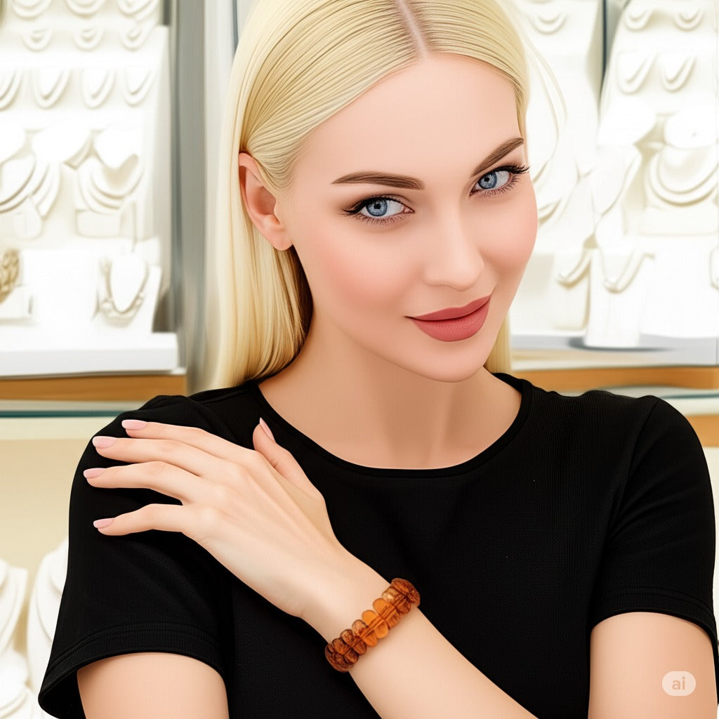 Amber Stretch Bracelet for Women – 7” - Unique Stone Cut Bracelet Amber Stone Jewelry for Adults